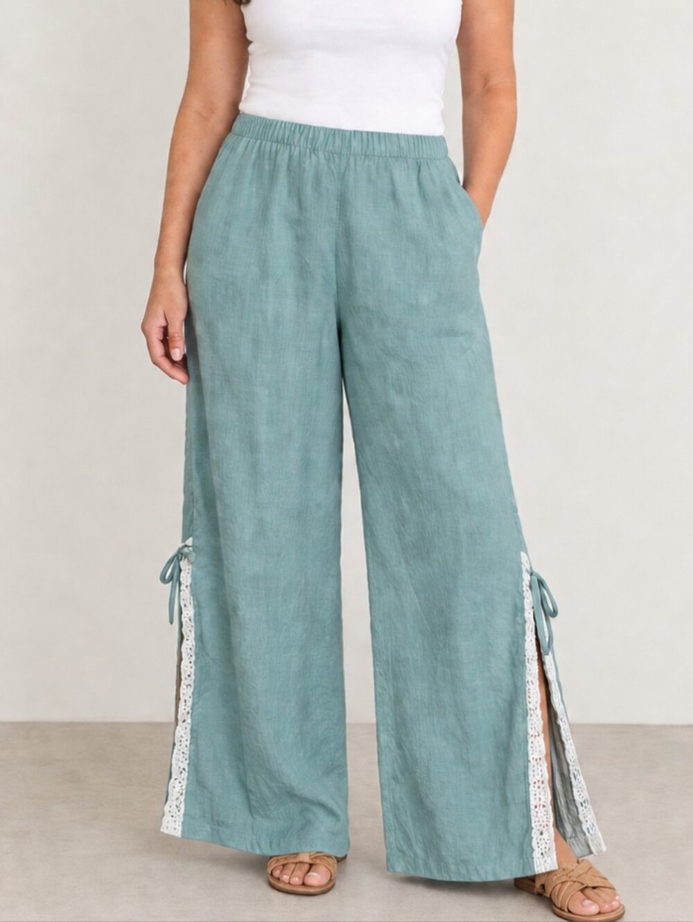 Anthropologie Green Wide Leg Lace Trim Cotton Pants Size XL